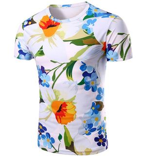 圆领花卉3D打印图案短袖男士T恤