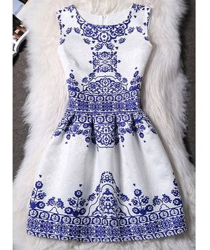 Elegant Round Neck Sleeveless Printed Jacquard Dress For Women